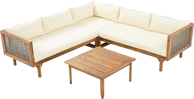 Christopher Knight Home Tenntt 5-Seater Acacia Wood Patio Furniture Set, Outdoor Conversation Sofa Chat Set with Coffee Table, Wicker Arm, Sectional Seating Group for Backyard Balcony, Teak+Beige
