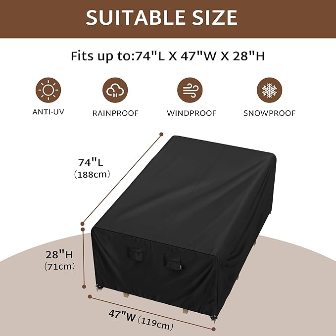 iBirdie Outdoor Patio Furniture Set Covers 74 x 47 inch Waterproof Weatherproof Rectangular Cover, Heavy Duty 600D for Outside Dining Table and Chairs fit 73 x 46, 72 x 45