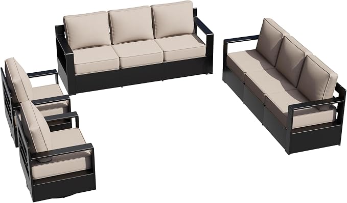 Outdoor Aluminum Furniture Set, 4-Piece Patio Conversation Set, 2 Swivel Chairs and 2 Sofa, All-Weather Metal Frame, 6" Thick Removable Cushions, Deep Setting for Garden, Poolside and Porch