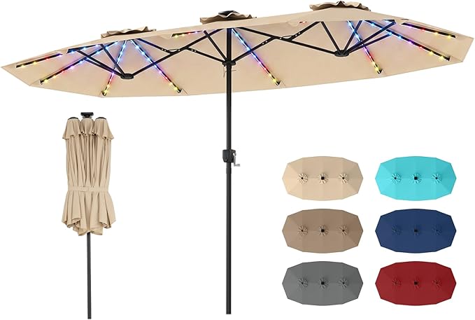Tangkula 13 Ft Solar Patio Umbrella, Double-Sided Extra Large Outdoor Market Table Umbrella with 108 Multi-Colored Flowing LED Lights, Crank Handle, 12 Sturdy Ribs for Poolside, Garden & Backyard (Beige)