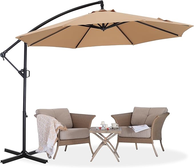 ABCCANOPY 10FT Cantilever Patio Umbrella with base included, 360° Rotation Outdoor Offset Umbrella for Backyard, Deck, Poolside (Khaki)