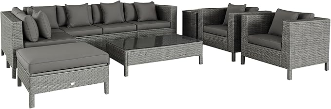 Outsunny 9-Piece PE Rattan Patio Furniture Set, Outdoor Extra Large Sectional Sofa with Loveseat, Coffee Table and Side Table, Chairs, Ottoman, Cushions, Gray