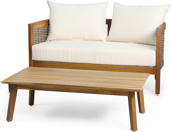 Christopher Knight Home Kayiz Patio Acacia Wood Conversation Set, Outdoor Loveseat with Coffee Table, Outdoor Chat Set Seating Group for Backyard Deck, PE Rattan Accents, Teak+Mixed Brown+Beige