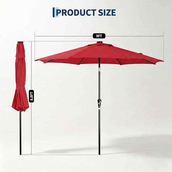Garvee 9FT Patio Umbrella with 32 Solar LED Lights, Outdoor Table Market Umbrella with Tilt and Crank, 8 Sturdy Iron Ribs Sun Shade for Garden, Deck, Backyard and Pool, Red