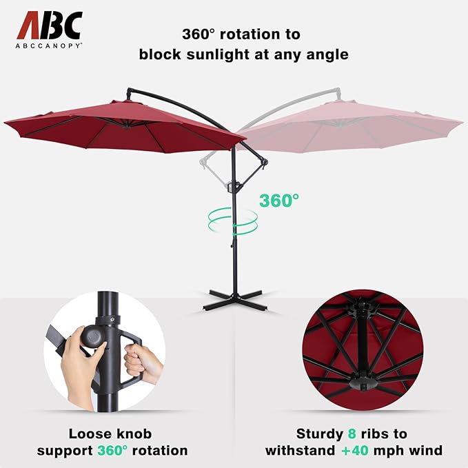 ABCCANOPY 10FT Cantilever Patio Umbrella with base included, 360° Rotation Outdoor Offset Umbrella for Backyard, Deck, Poolside (Dark Red)