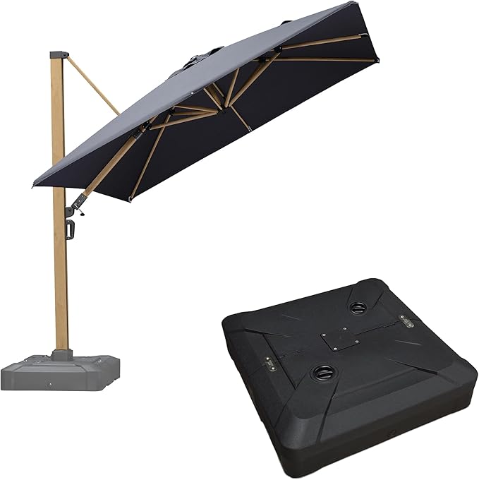 PURPLE LEAF 9FT Patio Umbrella With Base Square Cantilever Umbrella Teak Finished Aluminum Frame Large Windproof Offset Outdoor Sun Umbrellas for Beach Pool Deck, Grey