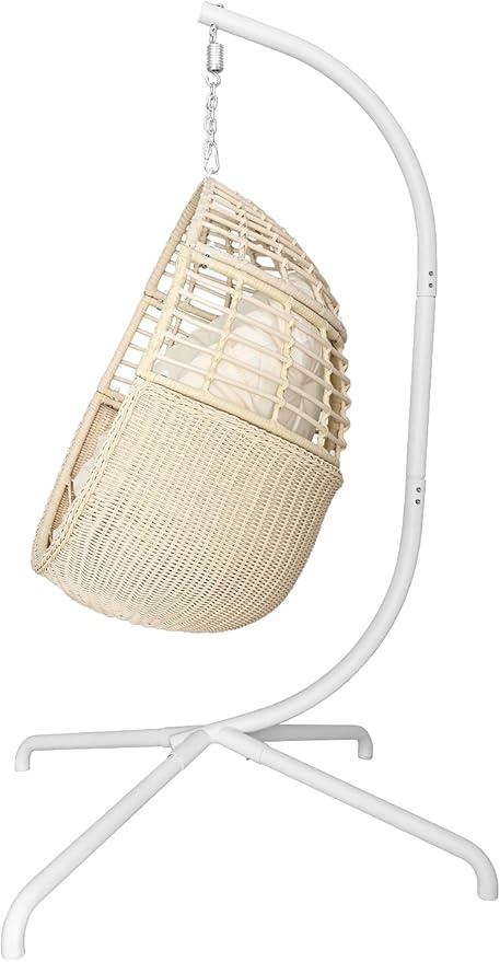 Hanging Egg Chair Swing Chair with Stand Wicker Rattan Chair for Indoor Outdoor Patio Bedroom Hammock Chair with Steel Frame and Cushion (Color: Beige)