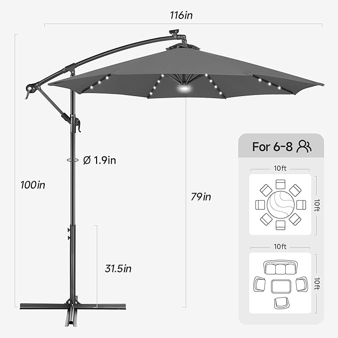 Solar Offset Patio Umbrella - 10 FT Solar Cantilever Umbrella Outdoor with 40 LED Lights and Cross Base, UV Protection for Garden, Deck, Backyard, Pool, Porch, Anthracite