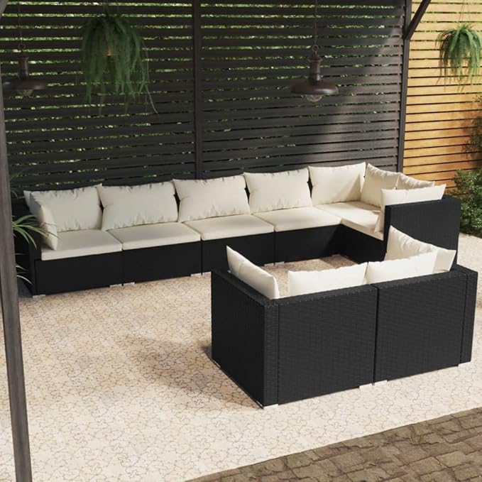 8 Piece Garden Lounge Set,Outdoor Furniture Set Outdoor Garden Conversation Set for Patios Gardens Backyard Courtyard with Cushions Black Poly Rattan