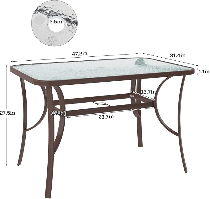 soges 47in Outdoor Patio Bistro Coffee Tea Table, Rectangular Tempered Glass Steel Frame Dining Table with Umbrella Hole,All Weather Outside Desk for Garden Balcony Backyard, Brown 30LHYW-OT02BR120