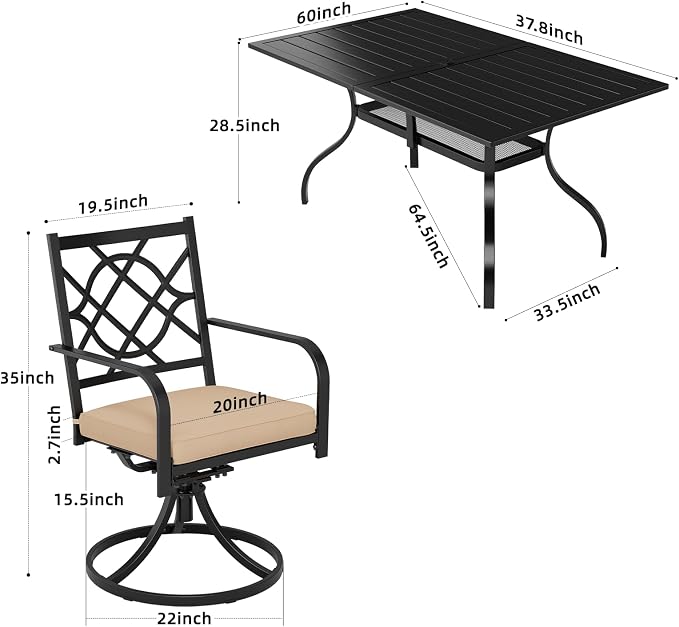 7 Piece Patio Dining Set Outdoor Furniture Set, Rectangular Metal Patio Dining Table with Umbrella Hole & 6 Swivel Dining Chairs for Garden Lawn Yard