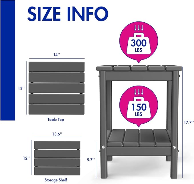 BRIOPAWS Outdoor-Side-Tables | Set of 2 | Small | HDPE Plastic | Patio End-Table | 2-Shelf Adirondack Outside Tables | All Weather | for Poolside Front Porch Indoor Living Room | 14" x 13" | Grey