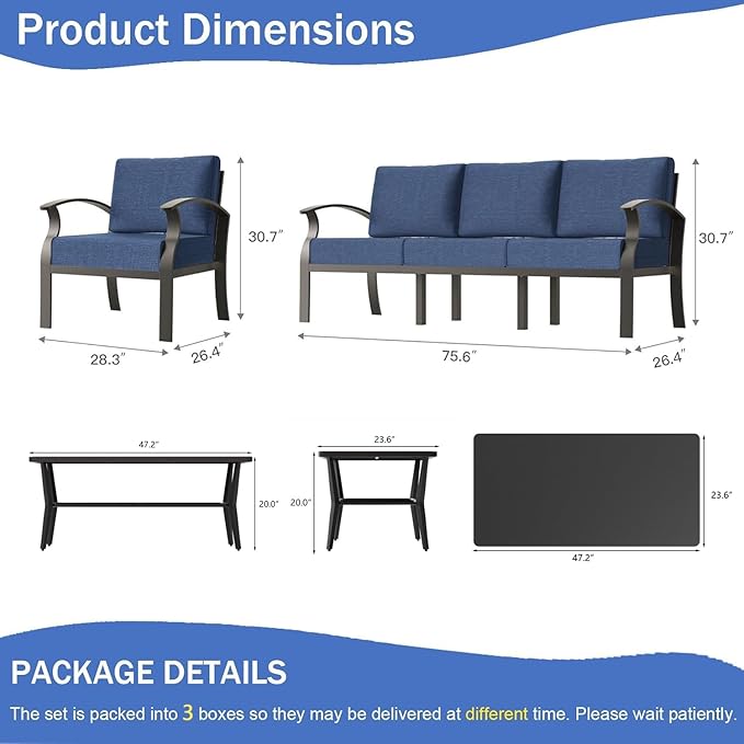 Aluminum Outdoor Patio Furniture Set,8 Seats Patio Conversation Sets with Rectangular Coffee Table,Metal Patio Sectional Furniture Set with 5.1" Thickened Cushions,Navy Blue