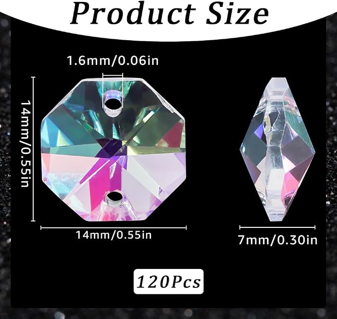 1 Box 120Pcs 14mm Crystal Glass Octagon Beads 2 Hole Prism Bead Bulk Colorful Chandelier Replacement Connector Suncatcher Faceted Spacer Bead for DIY Lamp Hanging Ornament Pendant Jewelry