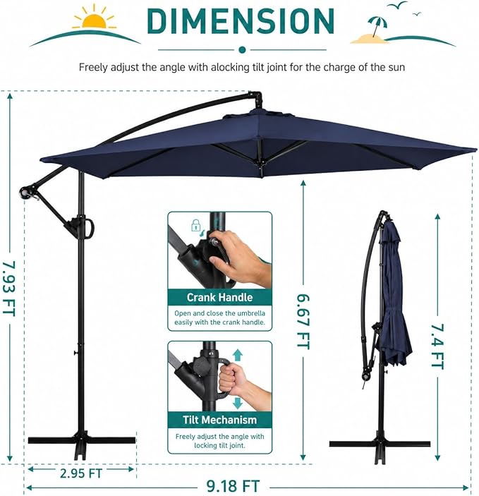 JAMFLY Large 9FT Offset Patio Umbrella with Cantilever Crank & Infinite Tilt, Heavy Duty Outdoor Hanging Umbrella with Cross Base for Backyard, Deck, Poolside