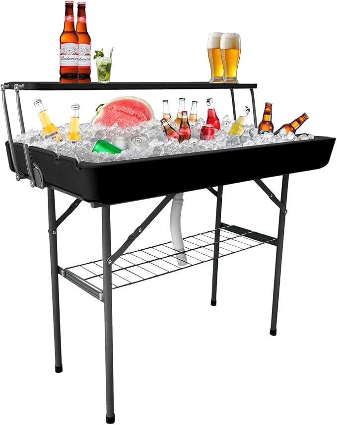 2 Tiers Portable Folding ice Cooler Table with Storage Rack & Drain Hose, Perfect Picnic Table for Camping, Beach, Backyard Parties, Weddings, Events, Black