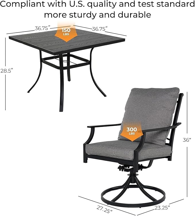 Grand patio Outdoor Patio Dining Set 4 Swivel Dining Chairs E-Coated Outdoor Furniture Set with Olefin Cushions, Grey