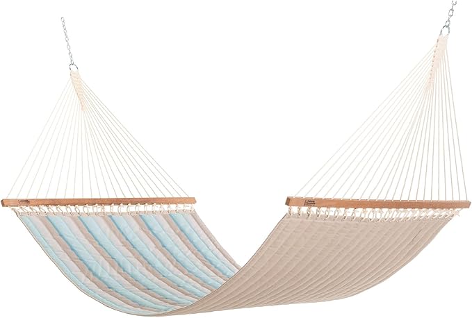 Hatteras Hammocks Large Gateway Mist Sunbrella Quilted Hammock – 13 ft. x 55 in., 2-Person, 450 lb Capacity, Cumaru Spreader Bar, Zinc-Plated Hardware – Handcrafted in The USA