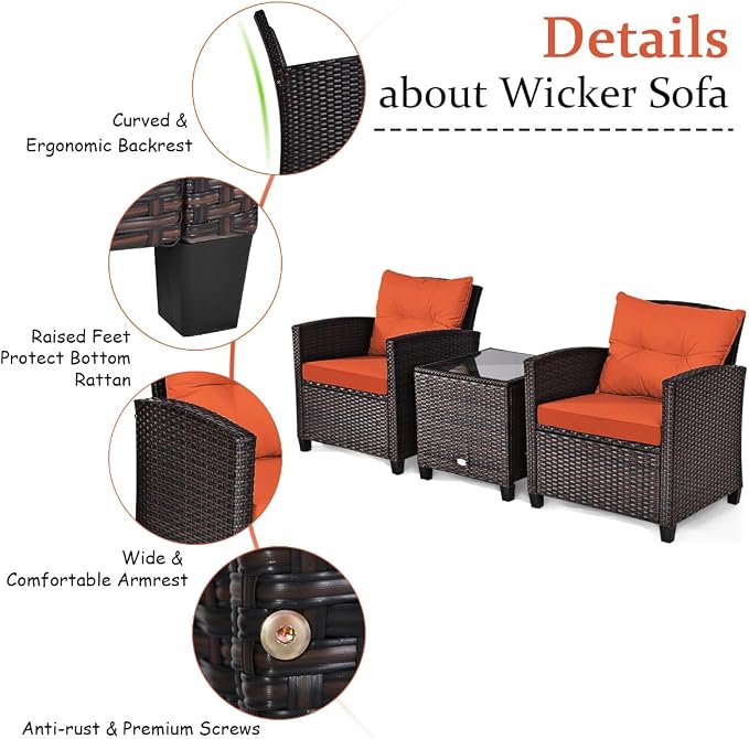 DORTALA Wicker Patio Furniture Set 3 Piece, Outdoor Table and Chairs with Tempered Glass Tabletop, Cushions, Small Rattan Conversation Sofa Set for Balcony, Porch, Backyard, Deck, Orange