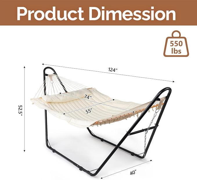 Double Hammock with Stand 450 LBS Capacity Steel Stand, Heavy Duty Outdoor Hammock for Patio, Garden Yard, Backyard, Beach (Beige)