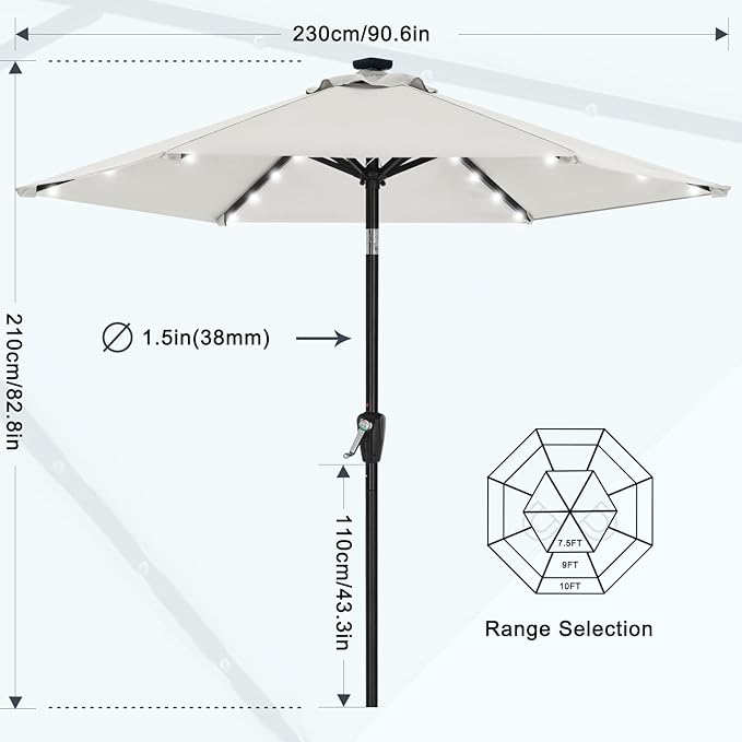 MASTERCANOPY 7.5FT 6Ribs Patio Umbrella with 32 Solar LED Lights, Outdoor Market Umbrella with Tilt & Crank, UV Protection & Fade Resistant Fabric, Easy Set-Up for Garden, Deck, Pool (Light Beige)