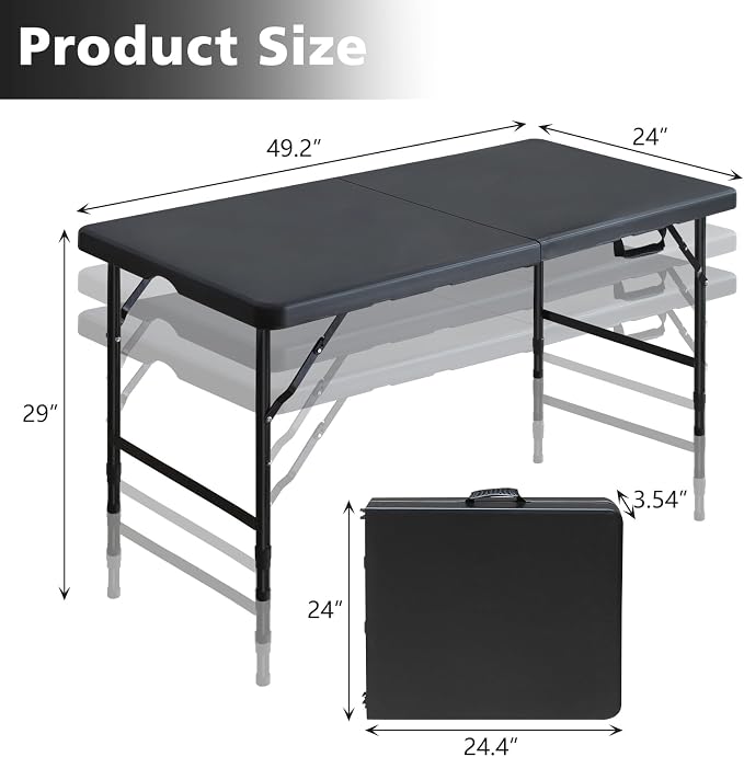 Portable 4Ft Folding Table, Heavy Duty Plastic Fold-in-Half Utility Foldable Table Small, Adjustable Height Plastic Folding Table with Carrying Handle for Camping & Party Indoor/Outdoor(Black)