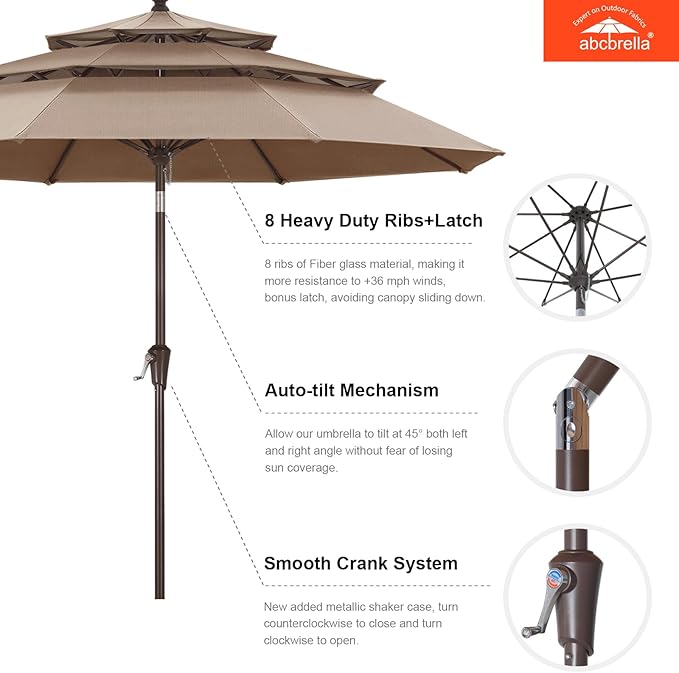 ABCCANOPY 5-Year 10-Year No Fading 9FT 3 Tiers Patio Umbrella, Outdoor Table Umbrella with 8 Sturdy Ribs for Deck, Backyard, Garden, Yard