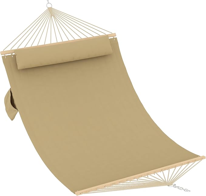 Garvee Double Quilted Fabric Hammock with Hardwood Spreader Bars and Pillow 450 LBS Capacity 2 Person Large Hammock for Outdoor Patio Backyard Poolside（Tan）