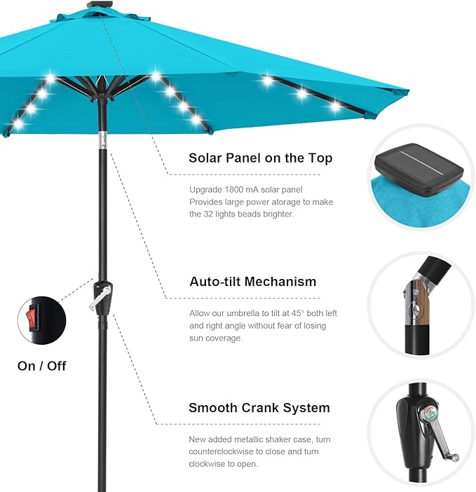 ABCCANOPY Durable Solar Led Patio Umbrellas with 32LED Lights 9FT (Lake)