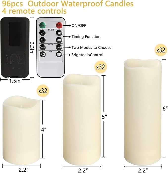 Enpornk Set of 96 Flameless Led Battery Opeated (D2.2'' x H4''5''6'') Waterproof Outdoor Indoor Candles with 10-Key Remotes and Cycling 24 Hours Timer
