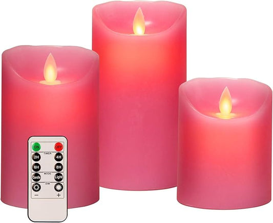 AKU TONPA 3" x 4" 5" 6" Set of 3 Flickering Flameless Candles Battery Operated Pillar Real Wax Electric LED Candle Set with Remote Control and Timer (Pink)