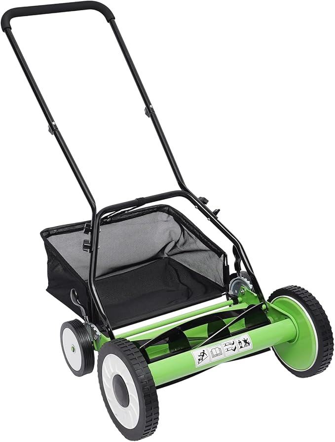 16-Inch 5-Blade Cordless Manual Reel Lawn Mower, Adjustable Cutting/Handle Height Grass Cutter with Grass Catcher, Green