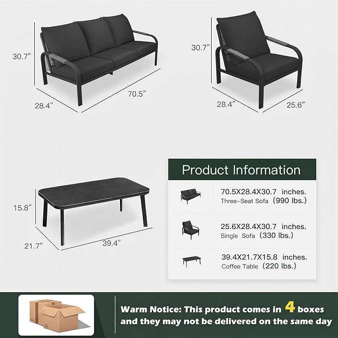 Aluminum Patio Furniture Set, 4 Pieces Outdoor Patio Furniture with Coffee Table Set, Metal Patio Conversation Sets with Washable and High-Resiliency Sponge Cushions,Brown&Beige