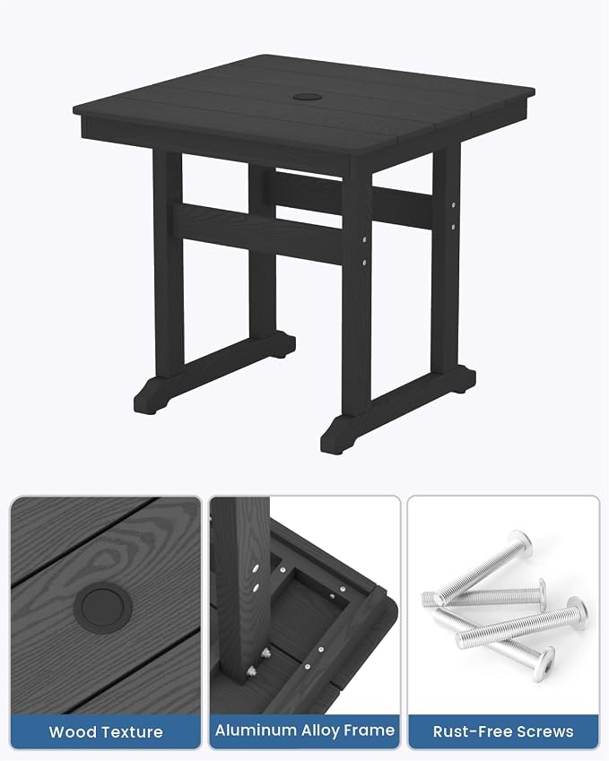 5-Piece HDPE Outdoor Dining Set, Weatherproof Patio Table and Chairs Set for 4, Includes 1 Square Table and 6 Armless Chairs, with Umbrella Hole (Black)