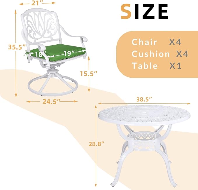 5 Piece Patio Dining Set, Outdoor Table and Chairs Set for 4 Cushioned Swivel Rocking Chairs and 38.5'' Round Table, All-Weather Cast Aluminum Patio Funiture Set, 2'' Umbrella Hole, White