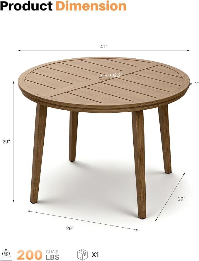 41" Round Outdoor Dining Table, Never-Rust Aluminum Patio Dining Table with Umbrella Hole, Round Patio Table for 4, Outdoor Round Dining Table for Backyard, Deck, Gardens, Teak
