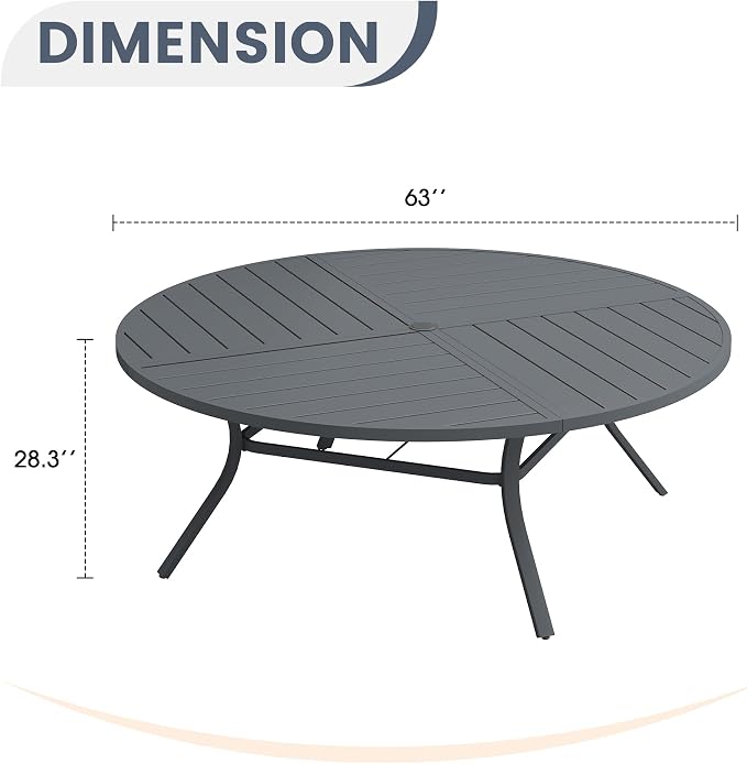 VICLLAX 63" Round Patio Dining Table for 8-10, All Weather Metal Outdoor Table with 1.57" Umbrella Hole and Surdy Frame for Garden Lawn Deck, Dark Grey