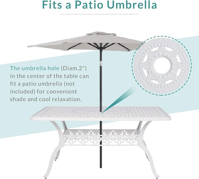 MEETWARM Outdoor 60" Rectangular Patio Dining Table, All Weather Cast Aluminum Large Patio Furniture Table Fits for 6-8 Person with 2" Umbrella Hole, White