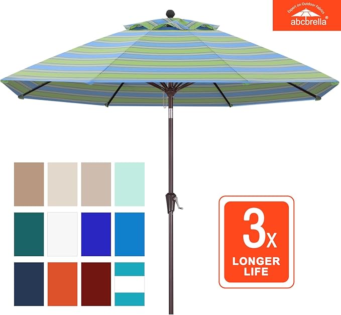 ABCCANOPY OLEFIN® 5-Year No Fading 9FT Patio Umbrella, Outdoor Table Umbrella with 8 Sturdy Ribs for Deck, Backyard, Yard (Blue Green Stripe)