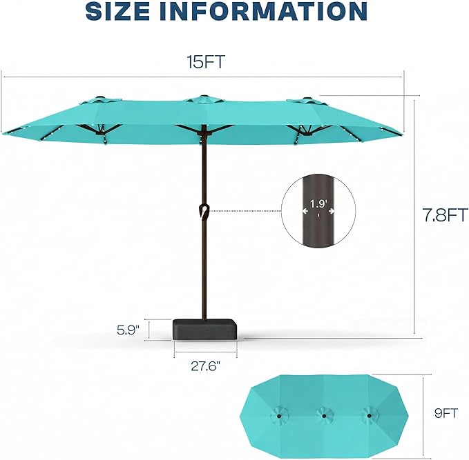 15FT Patio Umbrella with Solar Lights, Double-Sided Extra Large Outdoor Table Umbrella with Base Included, Heavy-Duty 12 Iron Ribs Market Umbrella for Garden, Pool, Backyard, Aqua Blue