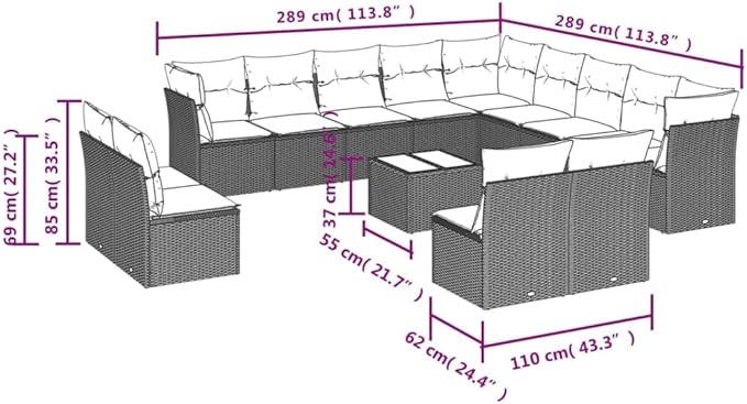 vidaXL Patio Sofa Set with Cushions 14 Piece, Sectional Sofa with Glass Table, Outdoor Conversation Set, Modern Style, Gray Poly Rattan