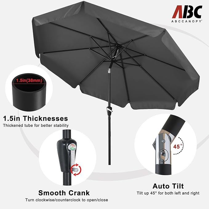 ABCCANOPY 10FT Patio Umbrella Outdoor Garden Table Umbrella Market Umbrella with Tilt Adjustment and Crank Lift System, 8 Ribs,12+Colors,Iron Gray