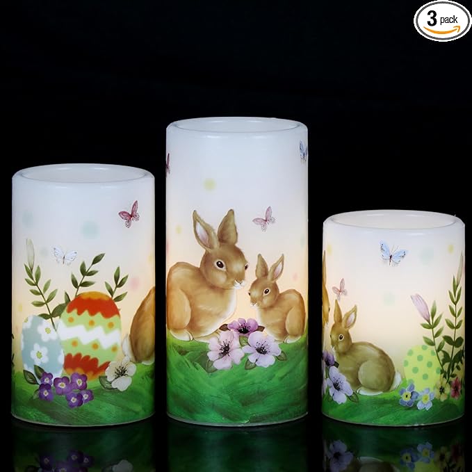 DRomance Easter Bunny Flameless Flickering Candles with 6 Hour Timer, Battery Operated Real Wax White LED Pillar Candles Warm Light Dinner Table Home Decor(3 x 4,5,6 Inches)