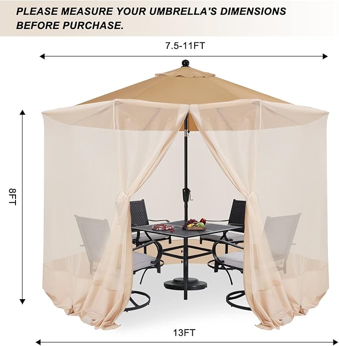 COOSHADE 7.5-11FT Patio Umbrella Mosquito Netting Polyester Screen Mesh Net for Outdoor Umbrella with Zipper Door and Weight Bag Beige