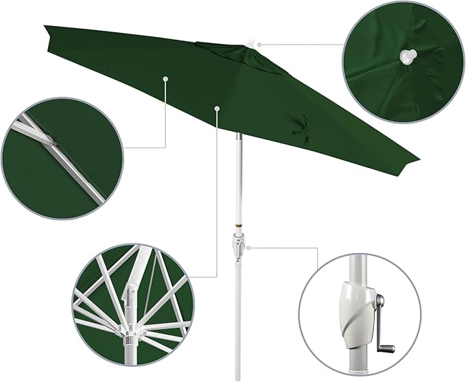 California Umbrella 12-Year Protection 9' Rd Aluminum Patio Umbrella, Crank Lift, Auto Tilt, White Finish, Sunbrella Forest Green