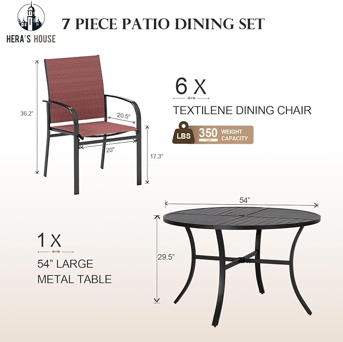 7 Piece Patio Dining Set, Outdoor Dining Furniture Set with 6 Textilene Dining Chairs, Round Metal Table with Umbrella Hole, All Weather Patio Table and Chairs for Pool Lawn Garden Porch, Red
