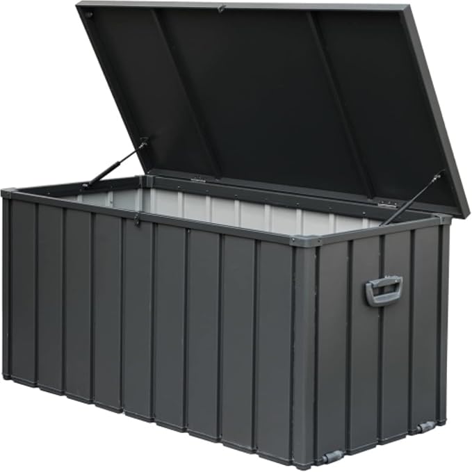 Outdoor Deck Box, Waterproof Metal Patio Storage Box with Lockable Lid, Large Outdoor Cushion Storage for Patio Furniture, Garden Tools and Pool Accessories (Dark Grey, 120.0, Gallons)