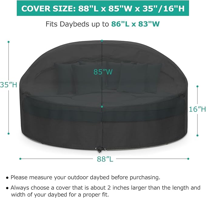 SunPatio Outdoor Daybed Cover Waterproof 88 Inch, Round Daybed Protector Patio Canopy Sofa Cover with Taped Seam and Air Vent, 88" L x 85" W x 16"/35" H, All Weather Protection, Black