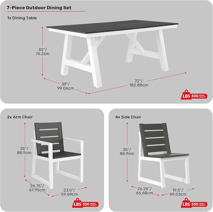 Costaelm Stinson 7-Piece Outdoor HDPE Patio Dining Table Set with Umbrella Hole & Dining Chairs for 6, Gray