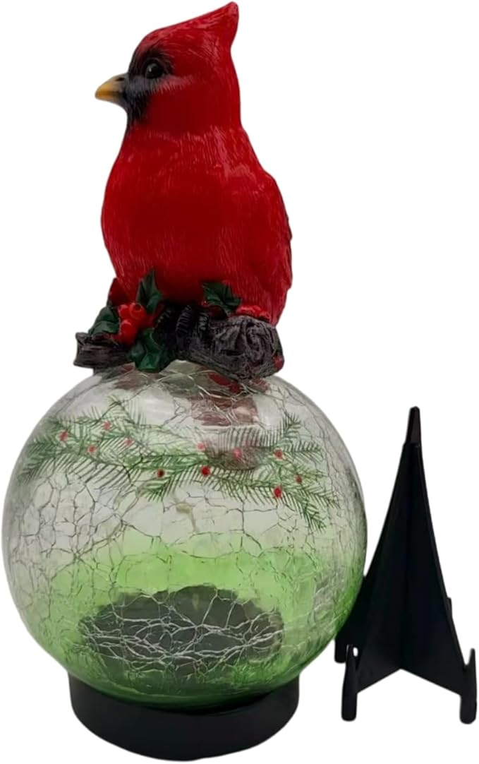 Red Bird Statue - Solar Powered Outdoor Red Bird Decor with LED Lights - Red and Green - Water Resistant - Gargen,Balcony and Courtyard Decoration Festival Gift - 8.66" H x 4.72" W x 4.72" D